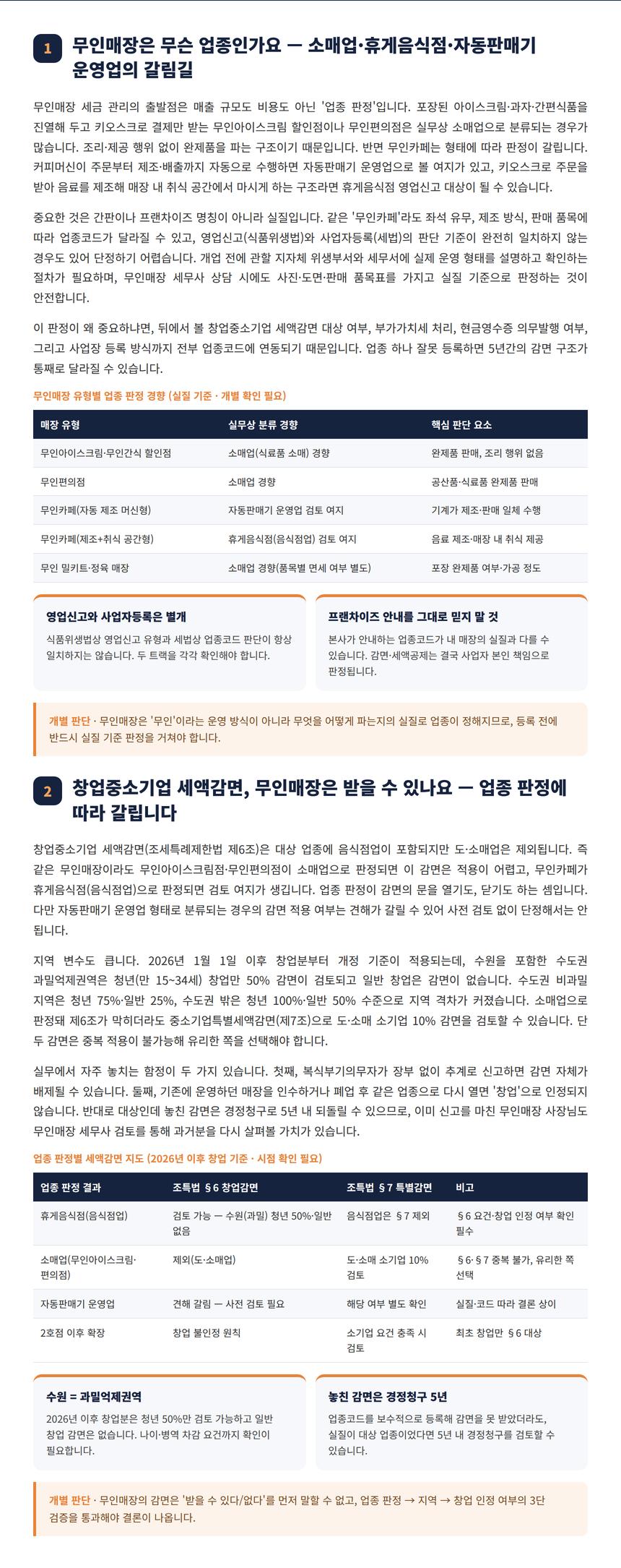 무인매장 세무사 — 무인매장은 무슨 업종인가요 — 소매업·휴게음식점·자동판매기 운영업의 갈림길