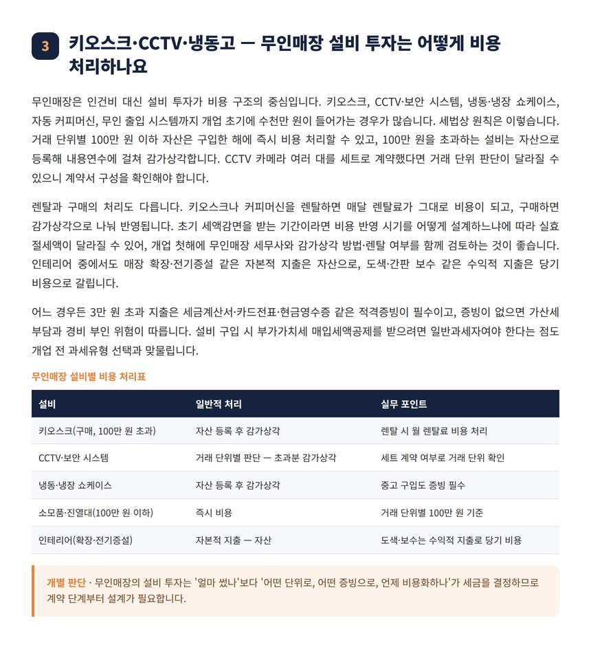무인매장 세무사 — 키오스크·CCTV·냉동고 — 무인매장 설비 투자는 어떻게 비용 처리하나요