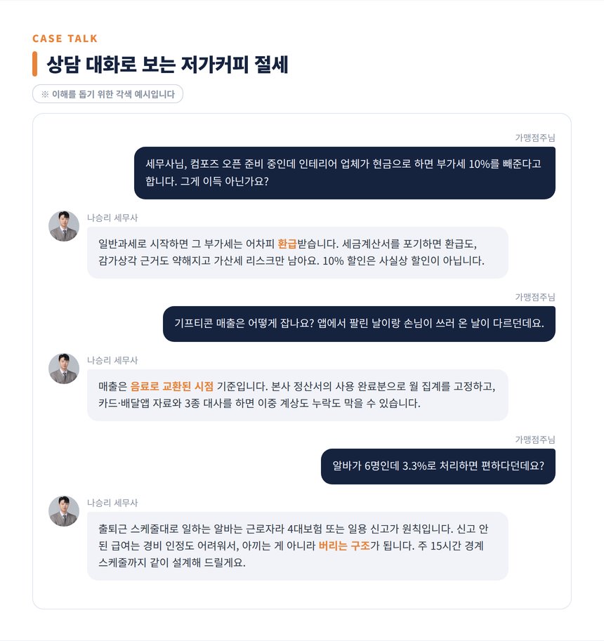 프랜차이즈 커피 세무사 상담 대화 각색 예시