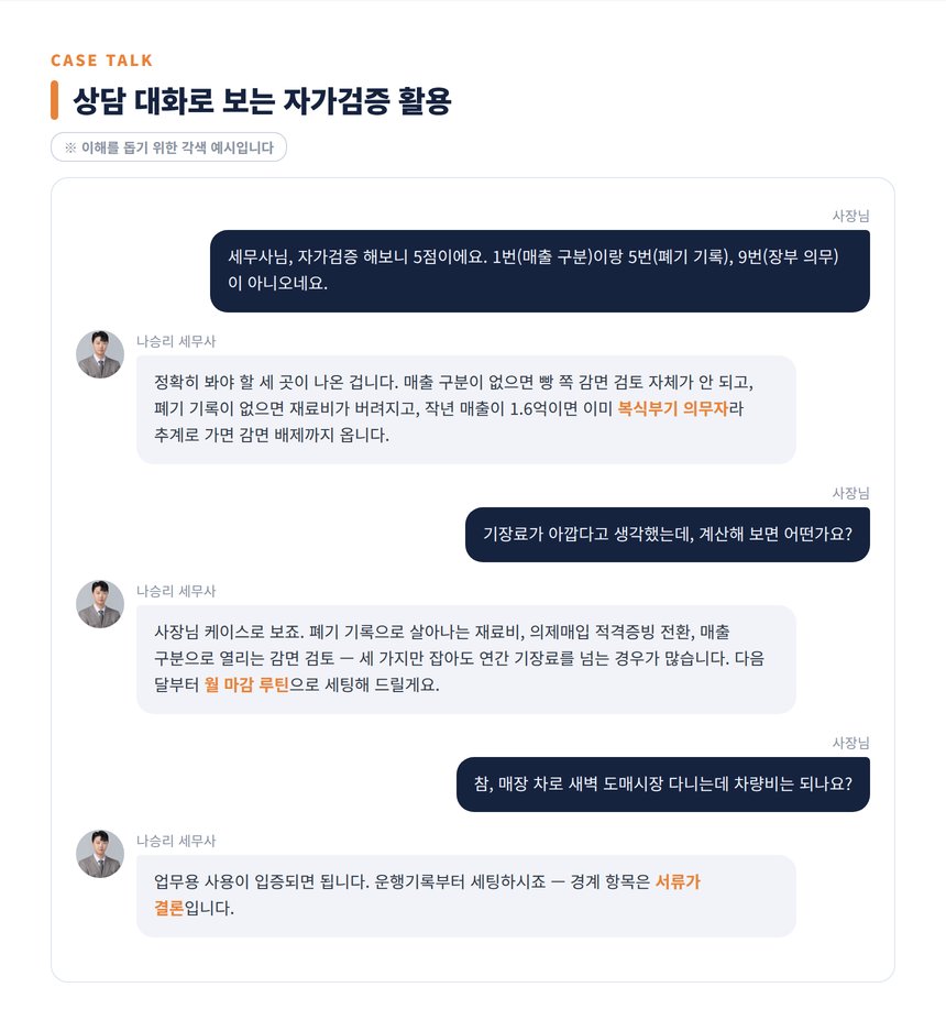베이커리카페 세무사 상담 대화 각색 예시