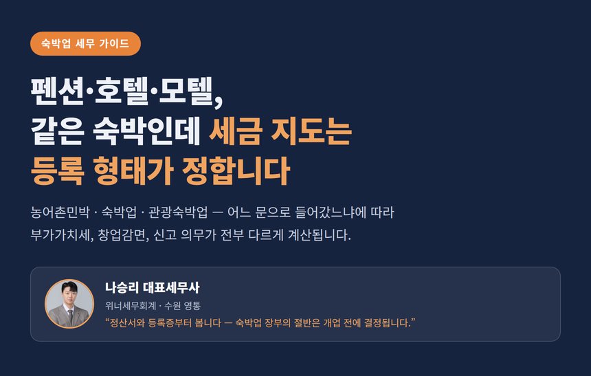 숙박업 세무사, 펜션·호텔·모텔은 등록 형태 하나로 부가세·감면·의무가 전부 갈립니다