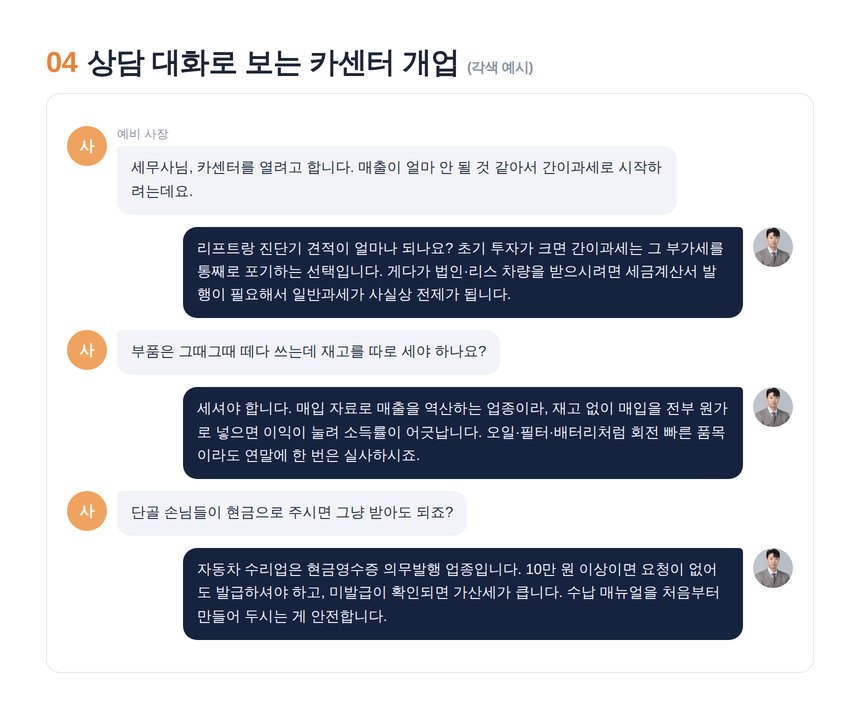 카센터 세무사 상담 대화 각색 예시