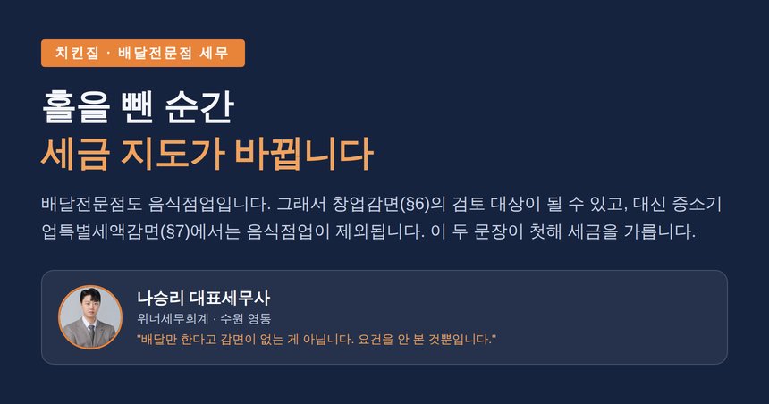 치킨집 세무사, 홀을 뺀 순간 세금 지도가 바뀝니다 — 배달전문점 창업감면과 정산 구조