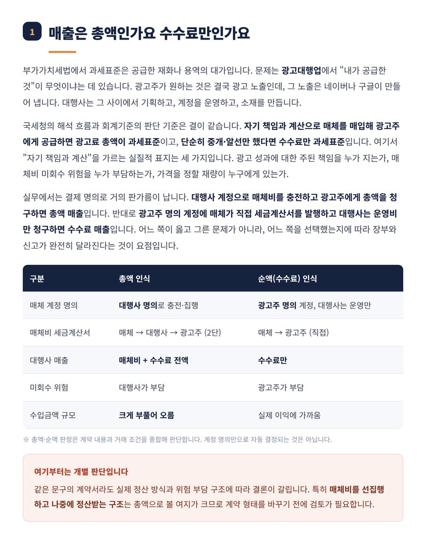 광고대행 총액 인식과 순액 인식의 차이 비교표