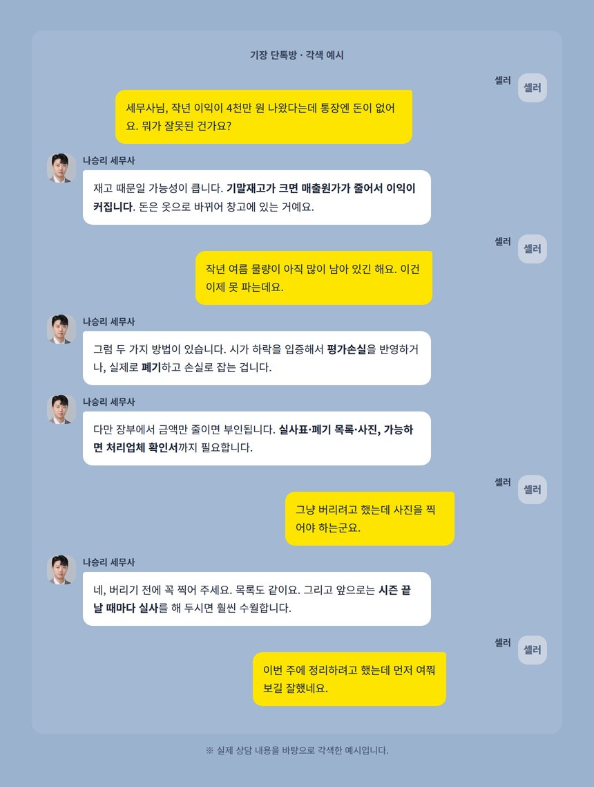 패션 셀러 기장 상담 카카오톡 대화 각색 예시