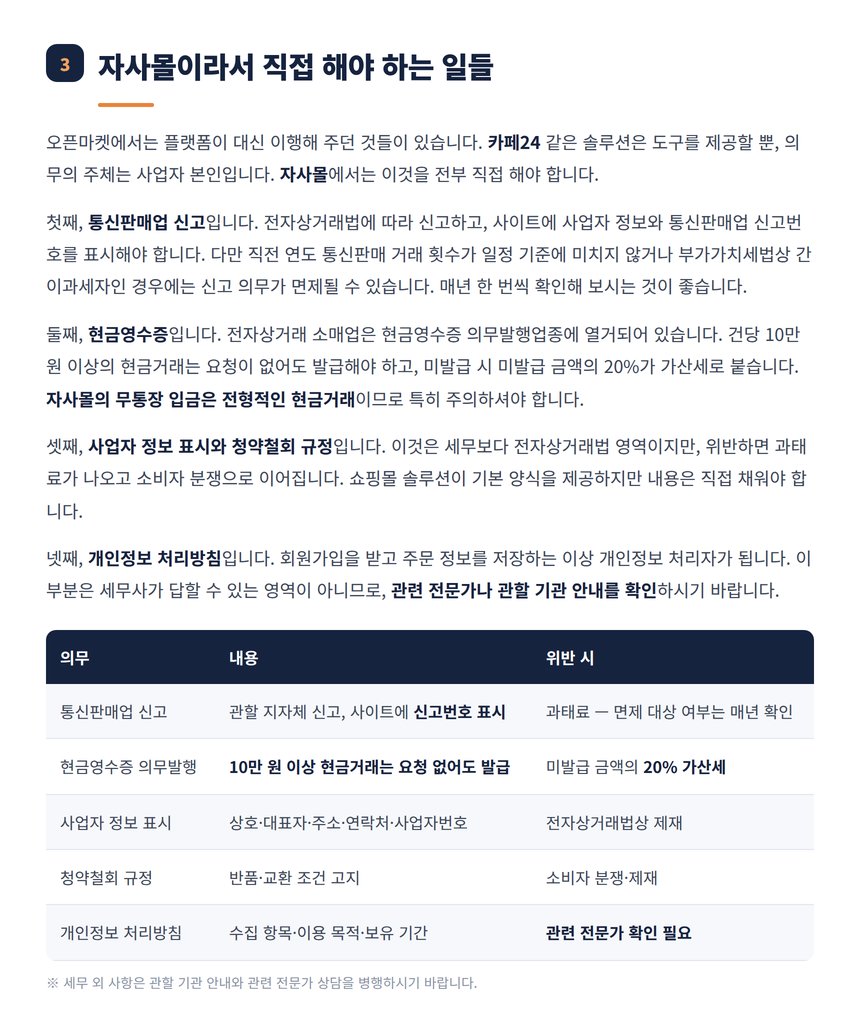 자사몰 운영자의 통신판매업 신고와 현금영수증 의무 정리표