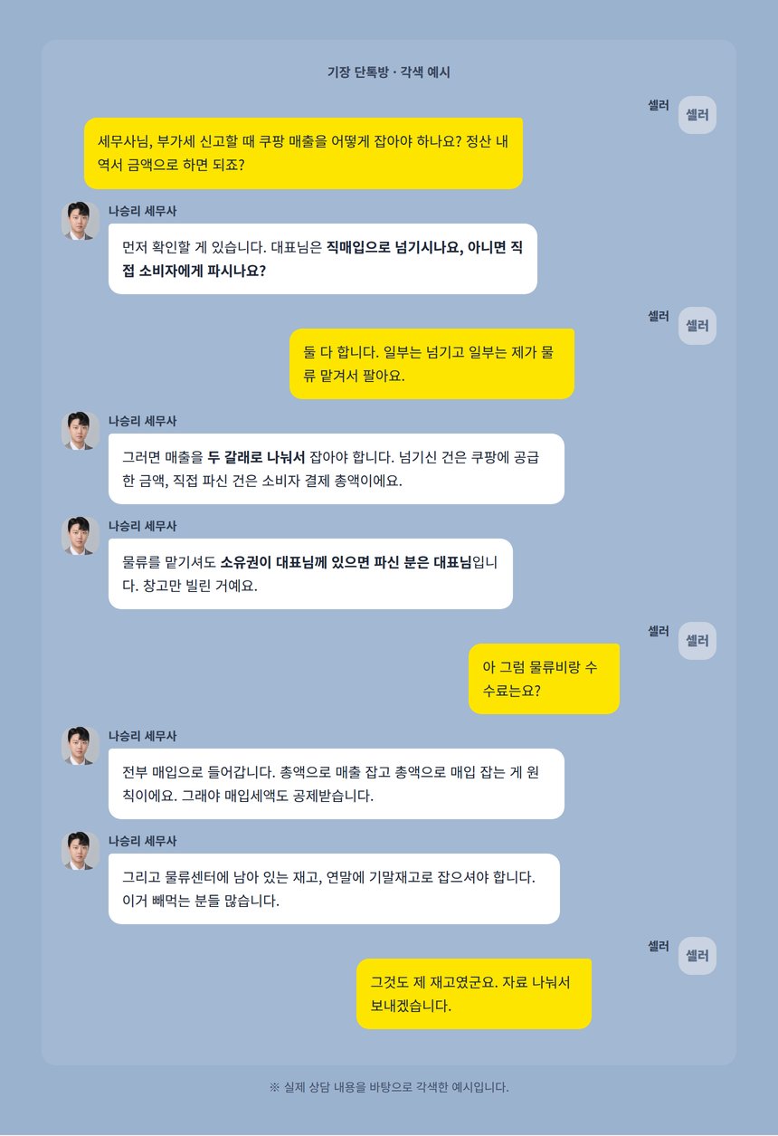 쿠팡 셀러 기장 상담 카카오톡 대화 각색 예시