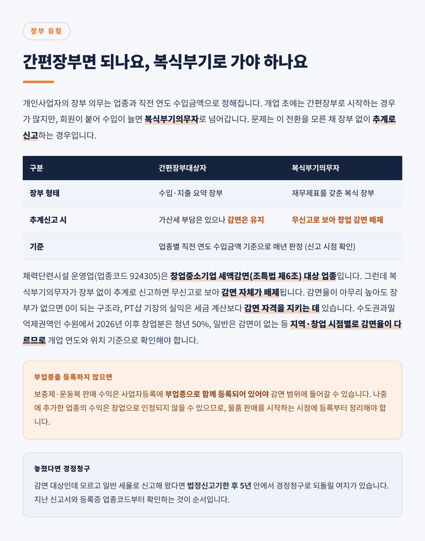 간편장부와 복식부기 비교, 추계신고 시 창업감면 배제 표