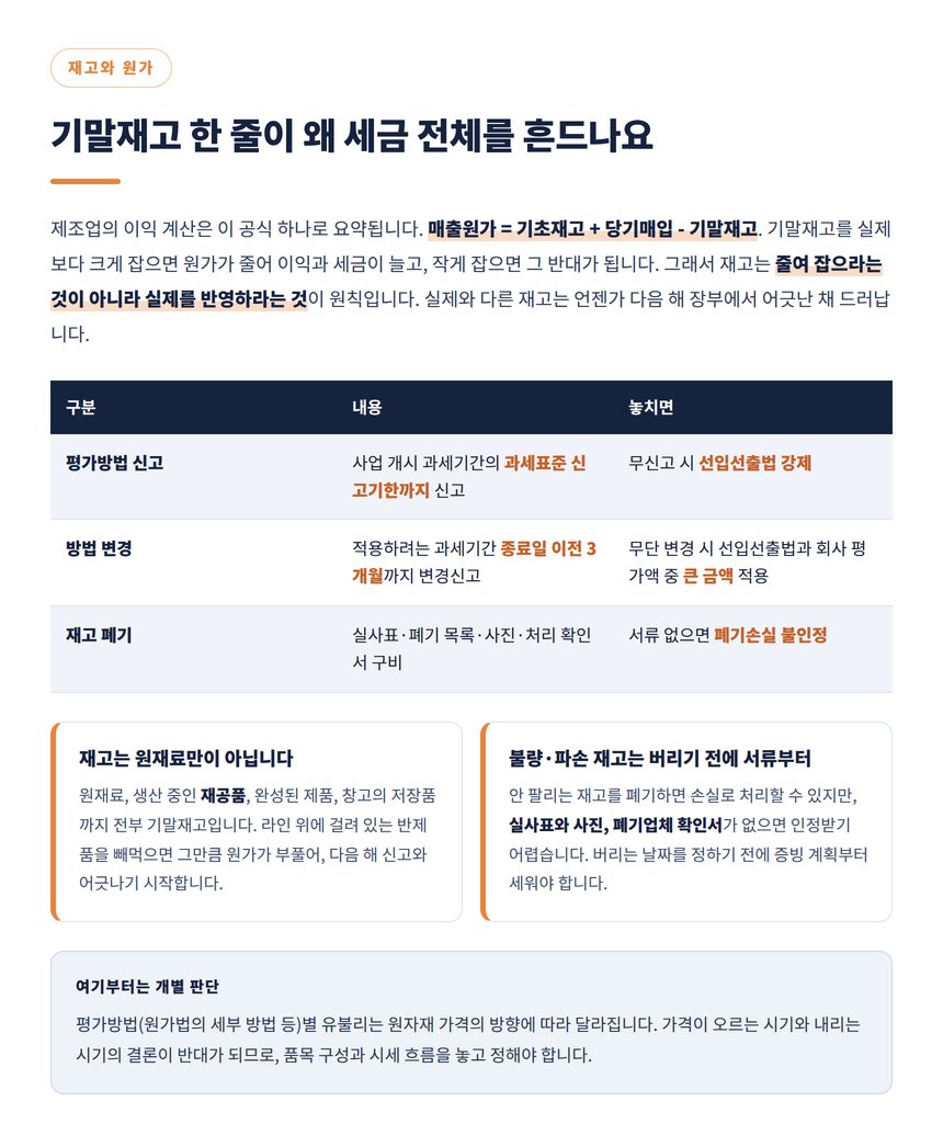 매출원가 공식과 재고자산 평가방법 신고 폐기 요건 정리표