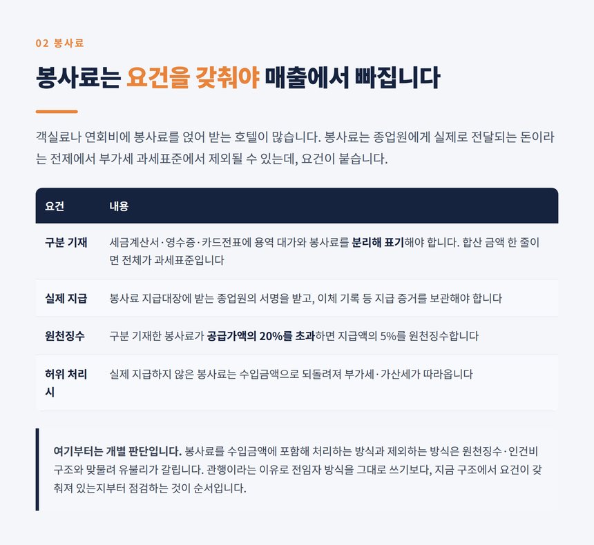 봉사료 과세표준 제외 요건과 원천징수 기준