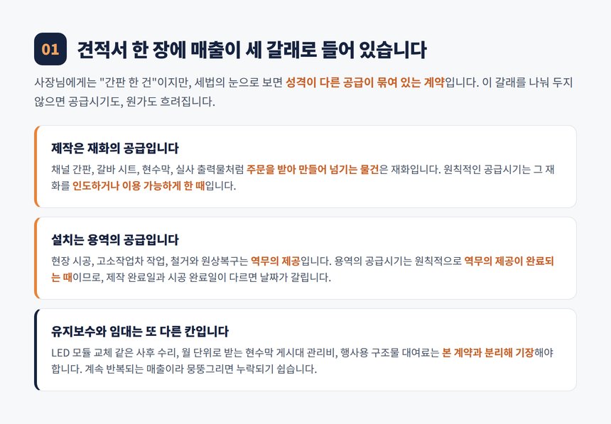 간판 견적서에 섞인 재화 용역 유지보수 매출 세 갈래