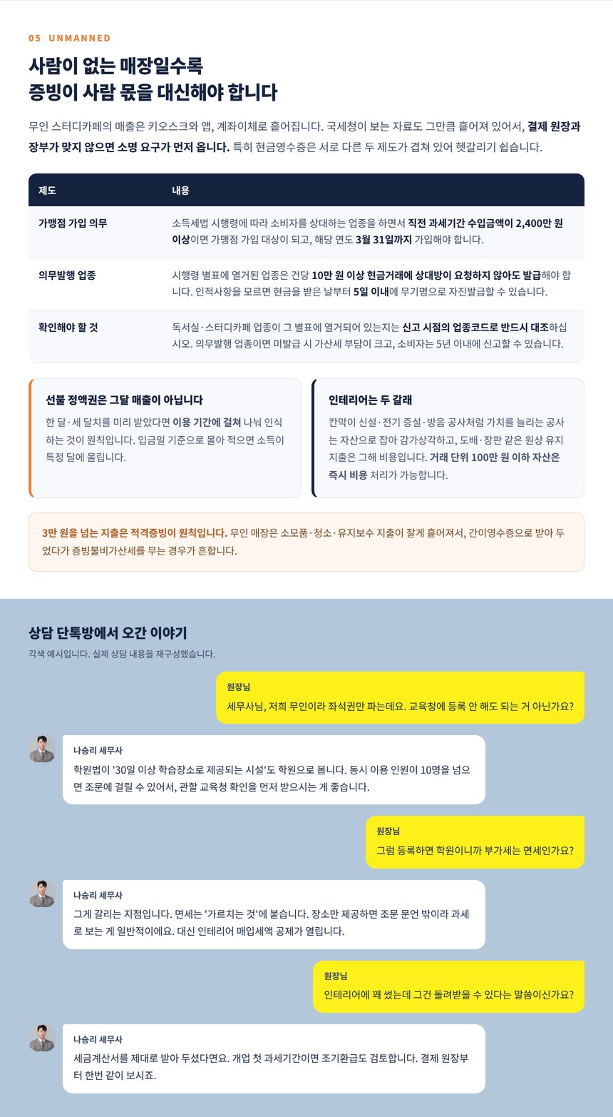 무인 스터디카페의 현금영수증 두 제도와 선불 정액권 수익 인식