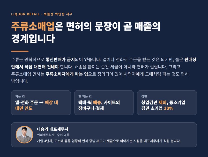 주류소매업 세무사, 보틀샵은 앱으로 주문받아도 술은 매장 안에서만 건넬 수 있습니다