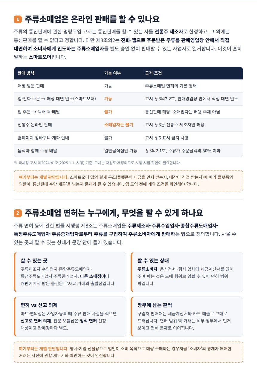 주류 통신판매 금지와 스마트오더 예외 표 그리고 소비자에게만 판매하는 면허 정의