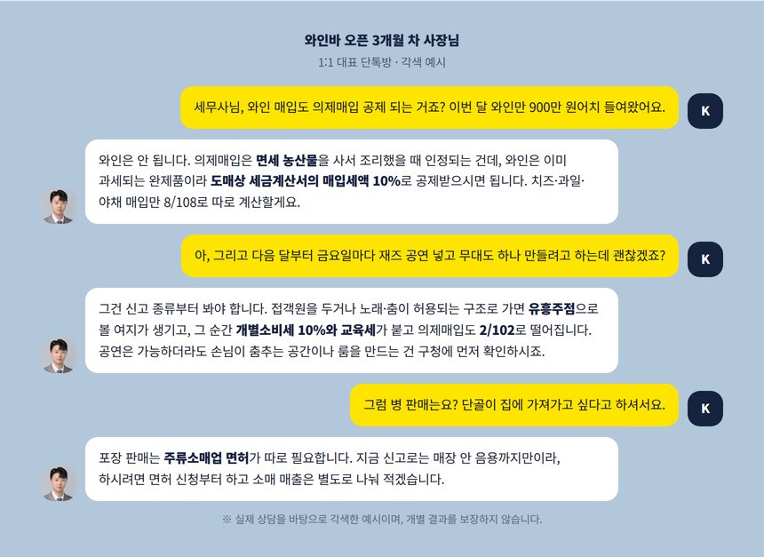 와인바 사장님과 세무사의 의제매입 유흥주점 병 판매 상담 대화