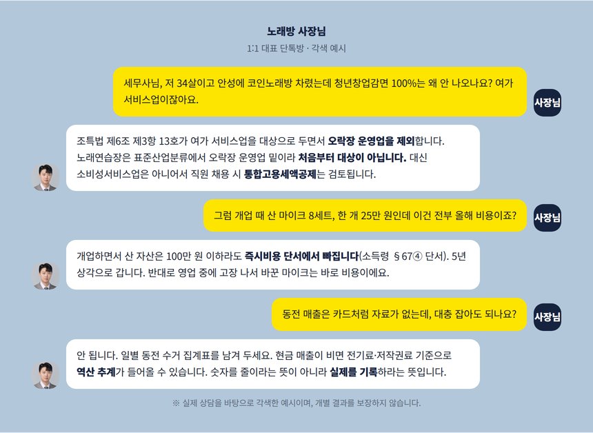 노래방 사장님과 대표세무사의 1:1 단톡방 대화 각색 예시