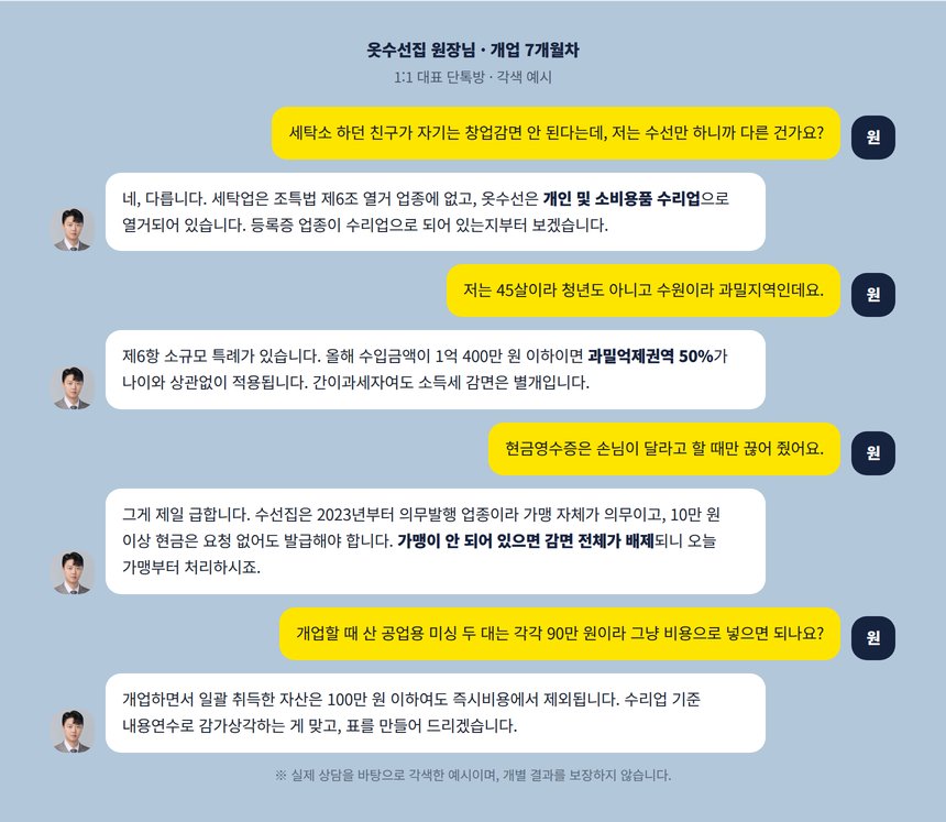 옷수선집 원장과 세무사의 단톡방 상담 각색 예시