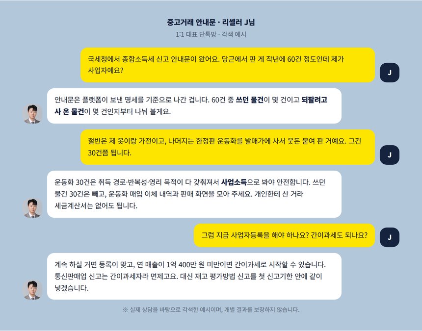 중고거래 국세청 안내문을 받은 리셀러와 세무사의 단톡방 각색 예시