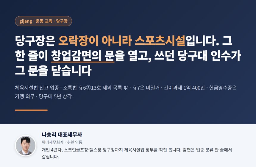 당구장 세무사, 당구장은 오락장이 아니라 스포츠시설이라 청년 창업감면이 열리지만 쓰던 당구대를 인수해 시작하면 처음부터 닫히고 현금영수증은 의무발행이 아니라 가맹 의무입니다
