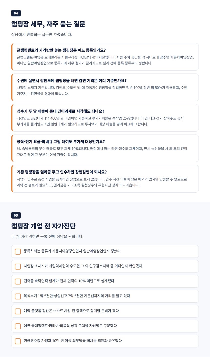 캠핑장 세무 자주 묻는 질문과 개업 전 자가진단 체크리스트