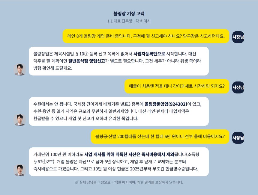 볼링장 세무사 1:1 대표 단톡방 각색 예시, 개업 비품 즉시비용 문의