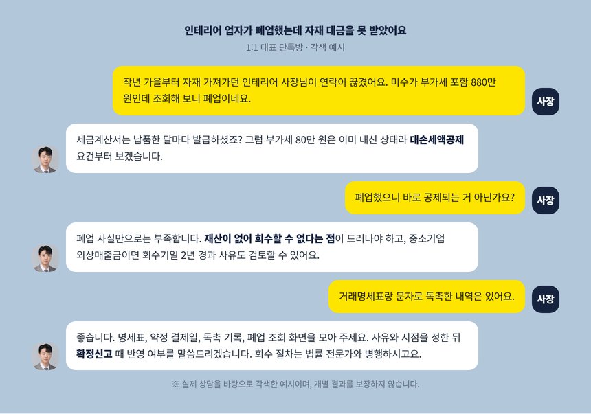 단톡방 각색 예시, 인테리어 업자 폐업으로 못 받은 자재 대금 상담
