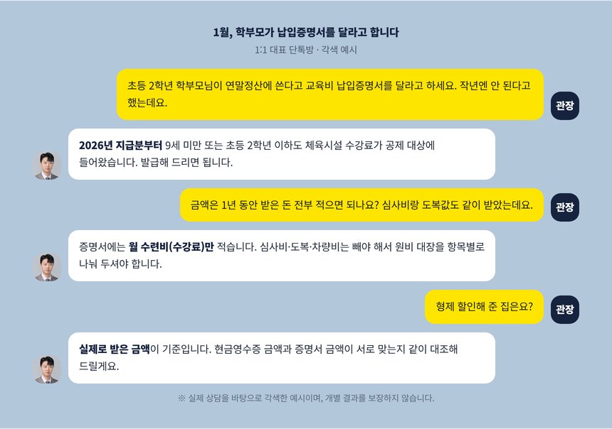 관장과 세무사의 단톡방 각색 예시, 초등 2학년 학부모의 교육비 납입증명 요청