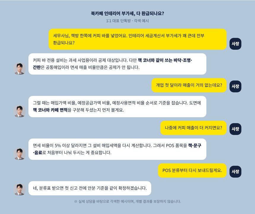 북카페 사장님과 세무사의 단톡방 각색 예시, 인테리어 부가세 환급 질문