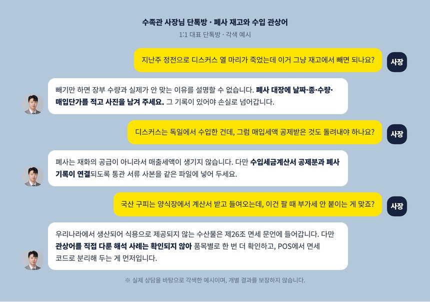 수족관 사장과 세무사의 1:1 단톡방 각색 예시, 폐사 재고와 수입 관상어 질문