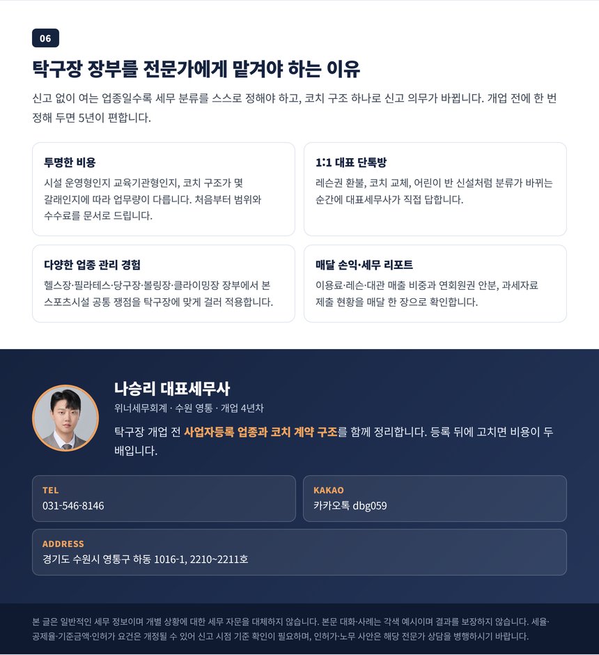 탁구장 기장을 맡겨야 하는 이유와 대표세무사 상담 안내