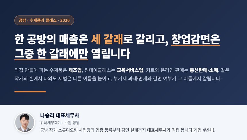 공방 세무사, 직접 만들어 파는 수제품은 제조업이라 창업감면이 열리지만 학원 등록 없는 원데이클래스 수강료는 부가세 과세이고 플랫폼으로 받은 수강료는 수수료를 떼기 전 금액이 매출입니다