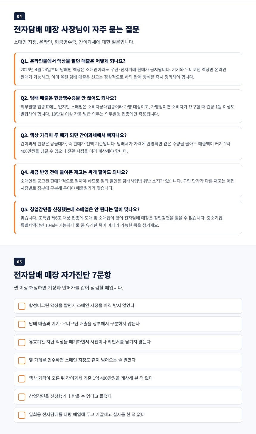 전자담배 매장 사장이 자주 묻는 소매인 지정 양도, 온라인 판매, 현금영수증, 간이과세 질문과 자가진단 7문항