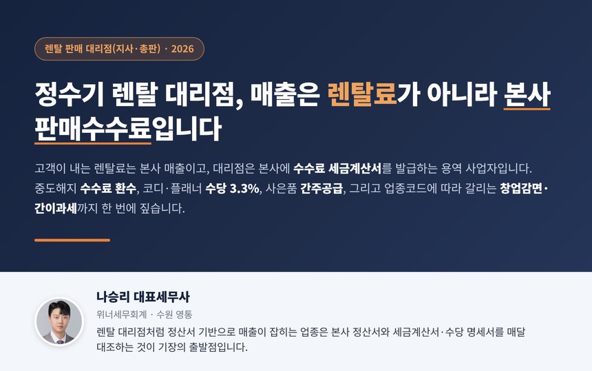 정수기 렌탈 대리점 세무사, 대리점 매출은 렌탈료가 아니라 본사 판매수수료이고 중도해지 환수는 사유 발생일 수정세금계산서로 반영하며 코디 수당은 3.3% 사업소득으로 매월 간이지급명세서를 내야 합니다