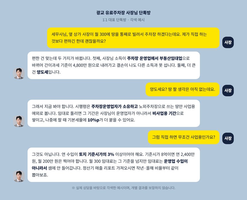 주차장 사장과 세무사의 단톡방 각색 예시, 땅을 빌려줄지 직접 운영할지 상담 장면